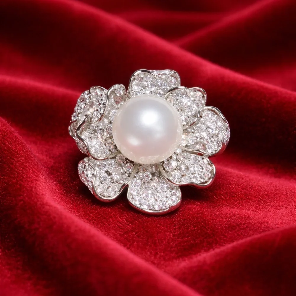 Luxe Pearl Blossom Ring | Statement Diamond Flower Design